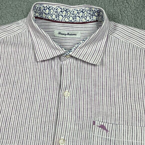 Tommy Bahama Mens‎ Shirt Large White Purple Striped Island Zone Linen Blend - Picture 1 of 11
